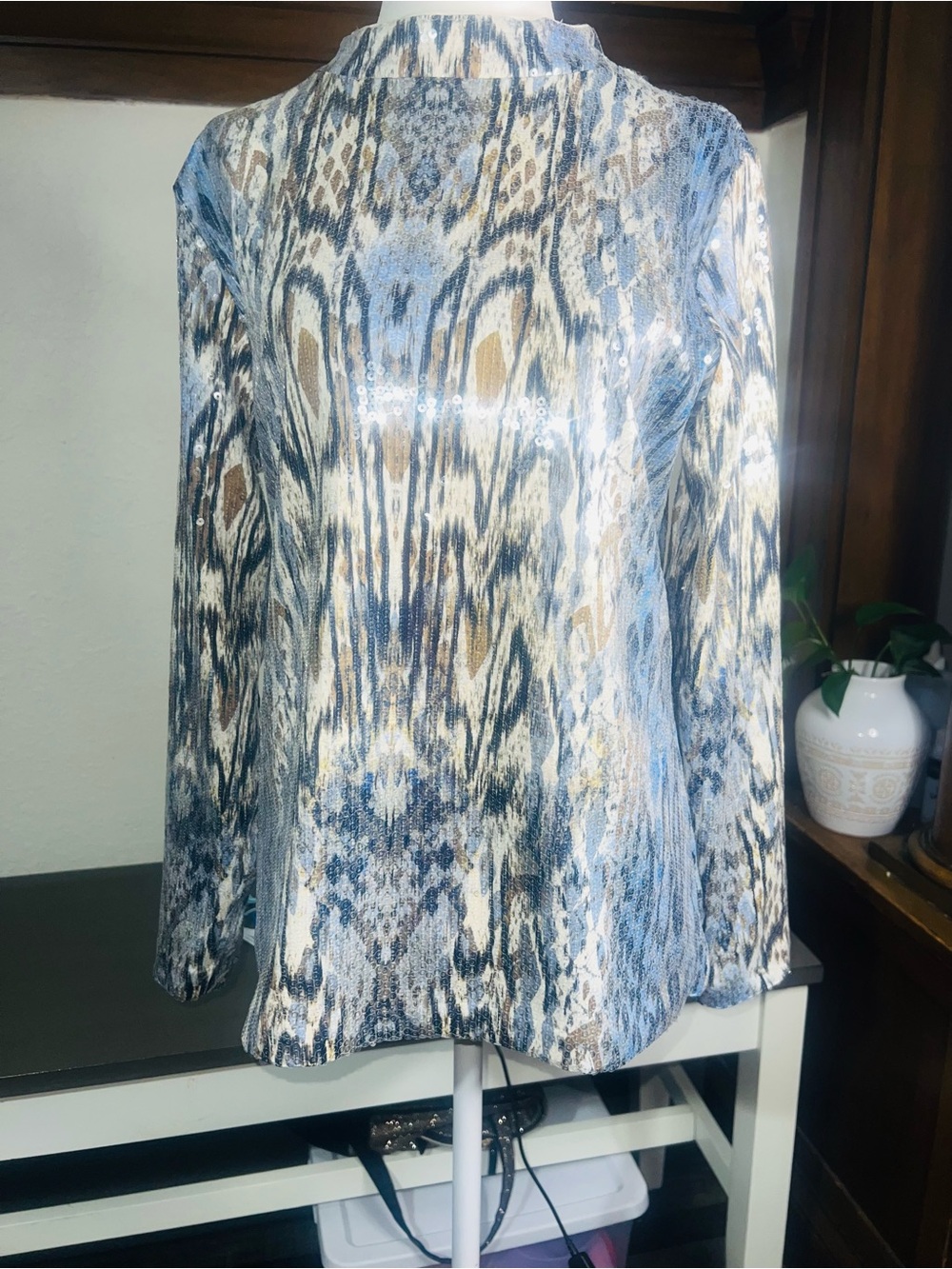 Chico's Blue, White & Tan Abstract-Print Long-Sleeve Blouse